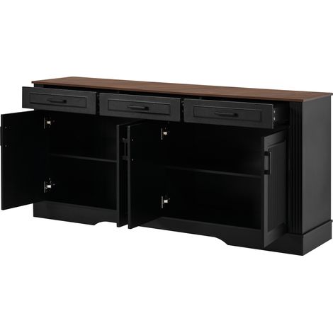 Buffet en MDF noir avec 3 tiroirs et 4 portes à rainures verticales, 160x40x75 cm, pour salon et salle à manger (1/5)