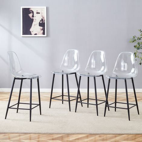 Taburetes de bar transparentes, lote de 4, con respaldo y reposapiés, metal negro DESVIAE (1/5)
