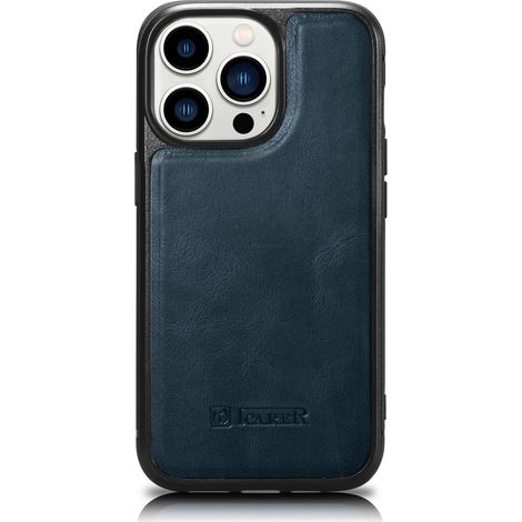 Étui en cuir naturel pour iPhone 14 Pro Max, bleu marine, recouvert de cuir ciré à l'huile. (1/5)