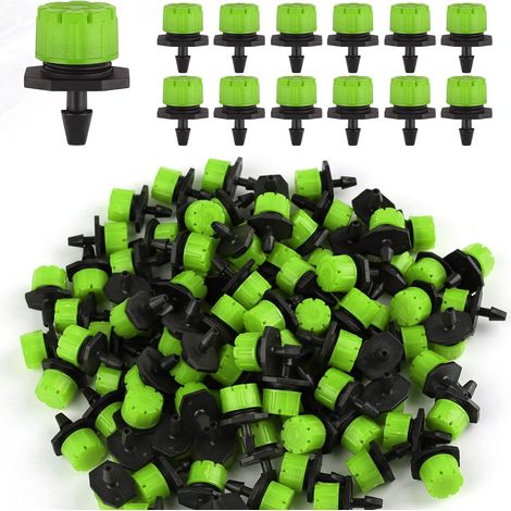 Lot de 100 goutteurs d'arrosage réglables 1/4", micro-gouttes 360° pour système d'arrosage de jardin, arroseurs anti-obstruction pour tuyaux de 4 mm/7 mm, vert (1/5)