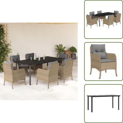 Gartenstuhl - vidaXL 7-tlg. Garten-Essgruppe mit Kissen Beige Poly Rattan - Sitzkissen (1/5)
