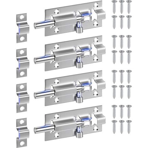 Confezione da 4 serrature per porte, serrature scorrevoli in acciaio inox rinforzato da 7,6 cm (3"), scrocco a cilindro di alta qualità con 24 viti (argento)
