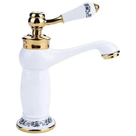 Robinet mélangeur de lavabo style rétro, laiton et céramique, évier en porcelaine bleu et blanc à col long, motif floral vintage, arrivée d'eau froide et chaude, pour cuisine et salle de bain-Blanc