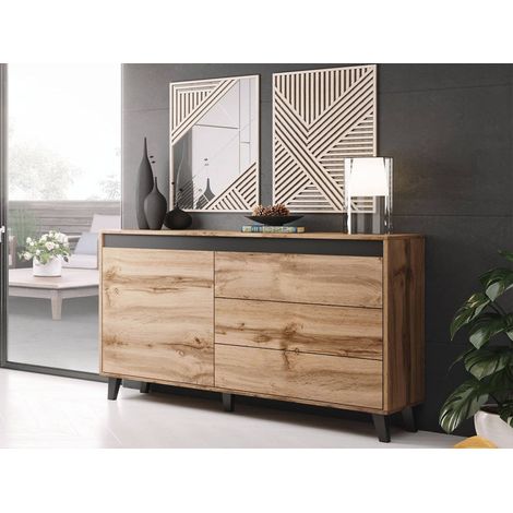 Bestmobilier – Buffet bas industriel 138 cm – Effet bois noir – 3 tiroirs et armoire – Système d'ouverture push – Résistant à l'humidité et aux rayures