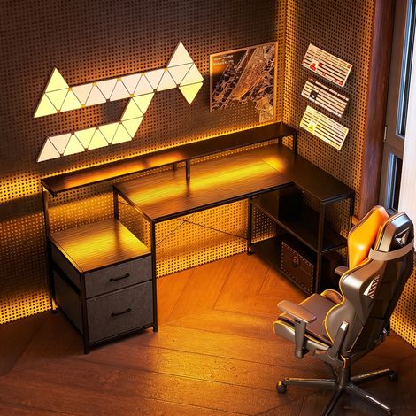 Bureau Gaming d'Angle 165 x 80 cm, Éclairage LED et Station de Charge, Support pour 2 Écrans et 2 Tiroirs en Tissu, Noir (1/5)