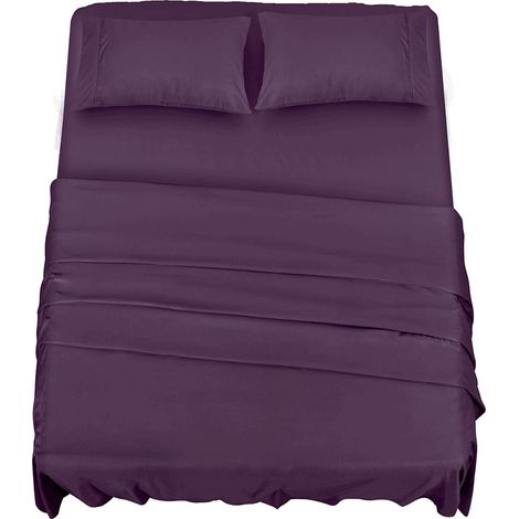 Polyester Microfibre Parure de lit (4 pièces, Pourpre) - 1 Drap Housse 150x200cm, 1 Drap Plat 266x259cm et 2 Taies d'oreiller 50x75cm