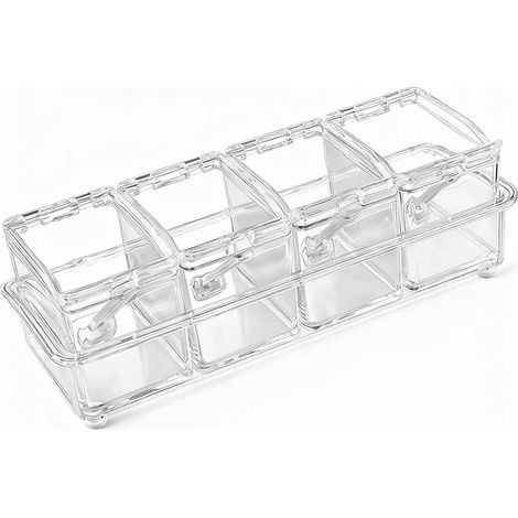 Un ensemble comprend 4 pots à assaisonnement, un pot à épices avec une cuillère en plastique, un couvercle et une cuillère pour conserver le sel, le poivre, le sucre et les épices. (1/5)