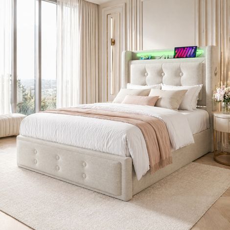 Lit simple 90x200 cm en lin beige avec LED, USB-C et coffre de rangement pratiquee (1/5)