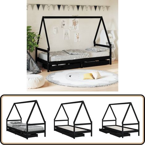 Kinderbett mit Schubladen Schwarz 90x200 cm Massivholz Kiefer - Holz Kinderbett - Kiefernholz Kinderbett - Kinderbett Haus - Schubladentücher - Jugendzimmer Dekoration (1/5)