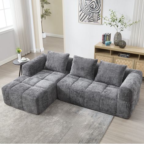 Canapé modulable en chenille gris 250 x 158 cm avec méridienne et poches latérales (1/5)