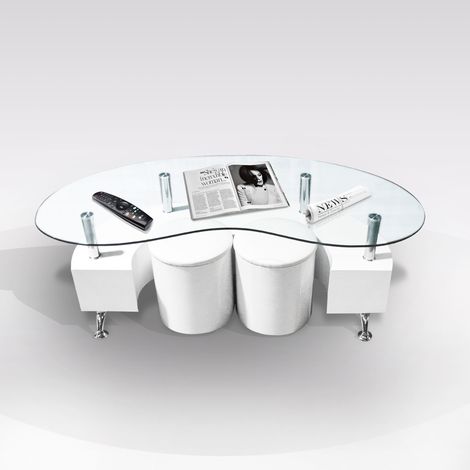 TAVOLINO IN LAMINATO BIANCO LARICE E PIANO IN VETRO CM 130X70 H. 45 CON 2 POUFF (1/5)