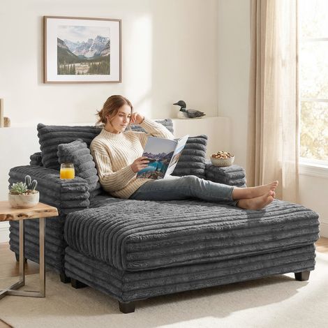 Chaiselongue 2 places Grand canapé-lit 134 x 151 cm avec porte-gobelet pour salon, gris (1/5)