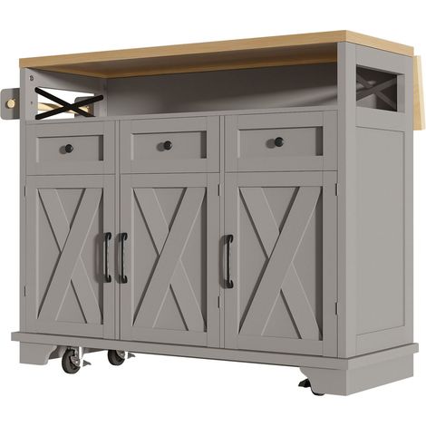 Îlot de cuisine 43-80 x 98 cm aspect bois roulettes rangement multifonction cloisons amovibles porte-serviettes gris (1/5)