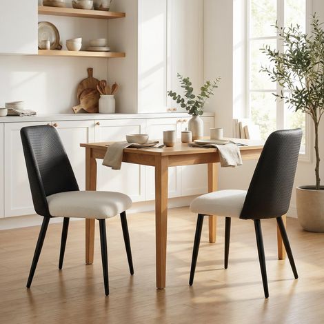Juego de 2 Sillas de Cocina con Respaldo de PU de Imitación Ratán Patas de Acero y Asiento Acolchado Negro y Beige (1/5)