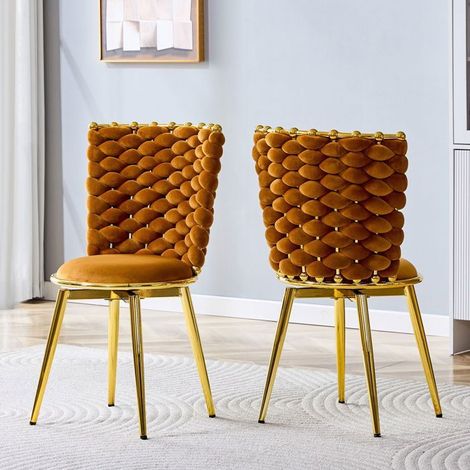 Chaise de salle à manger décor tissu velours pieds métal doré assises rembourrées dossier en corde tressée orange (1/5)