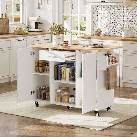 Mueble de cocina con ruedas y encimera abatible 120 cm blanco y roble HAVRYA (1/5)