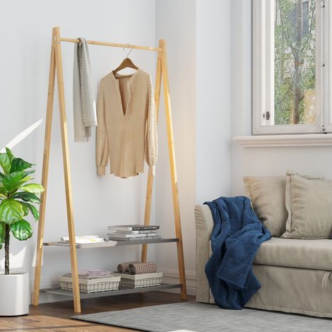 Portant à vêtements en bambou naturel anthracite, penderie ouverte meuble rangement vêtements chambre entrée minimaliste 90x