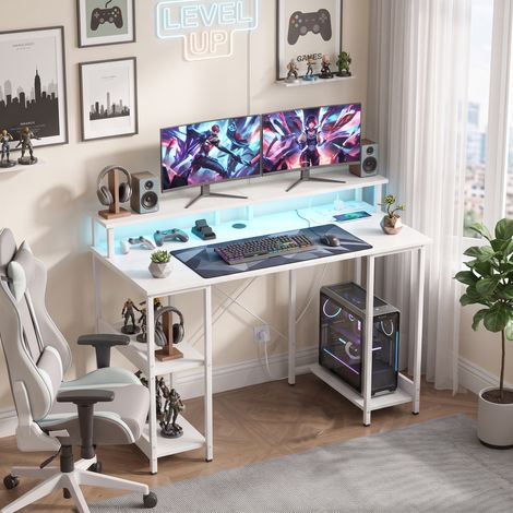 Bureau d'ordinateur réversible avec étagères, 120 x 50 cm, avec prises électriques et éclairage LED, aspect bois blanc (1/5)