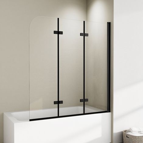 WDWRITTI Schwarz Duschwand für Badewanne 130x140 cm Badewannenaufsatz 3-teilig Duschtrennwand für Badewanne Duschwand Badewanne Faltwand Duschabtrennung Badewanne, 6mm ESG Glas