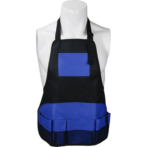 Tablier de jardinage extérieur avec bavette, bleu, dimensions 52x49,5cm, hauteur latérale 21cm, sac à outils pour jardinier, poche ceinture robuste (1/5)