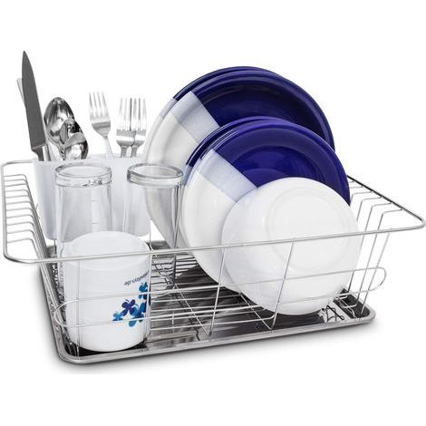 Égouttoir à vaisselle et support pour couverts et bac -assiettes inox acier inoxydable, gris argenté - HxlxP : 39,5 x 30,3 x 12.5 cm (1/5)