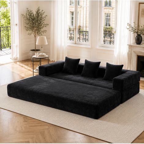 Sofá cama modular de chenilla negra 2 plazas con bolsillos laterales 198 x 79 x 60 cm OKWISH (1/5)