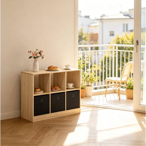 Standregal 80x30x61 cm Schwarz/Eiche hell Holzwerkstoff mit 3 Stoffschubladen und Kippschutz (1/5)