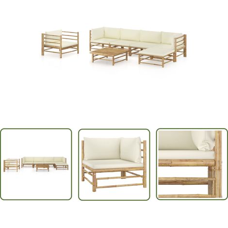 INLIFE Salon de jardin 7 pcs avec coussins blanc crème Bambou (1/5)