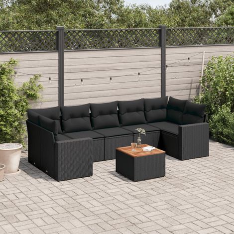 Ensemble Salon Jardin 8 Places Noir Résine Tressée - Canapés Modulaires avec Coussins et Table Acacia (1/3)