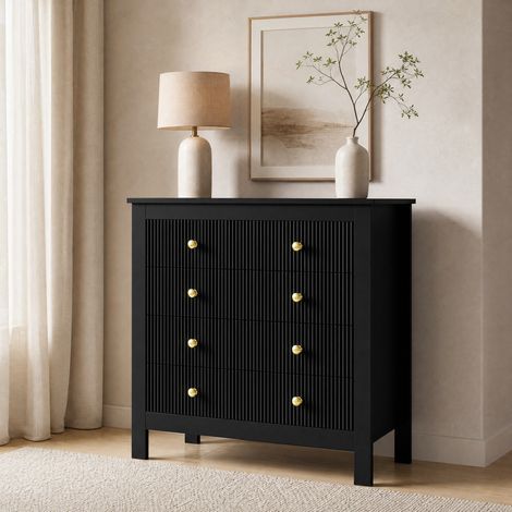 MEUBLIV Commode noire à 5 tiroirs avec façades texturées et poignées dorées (1/5)