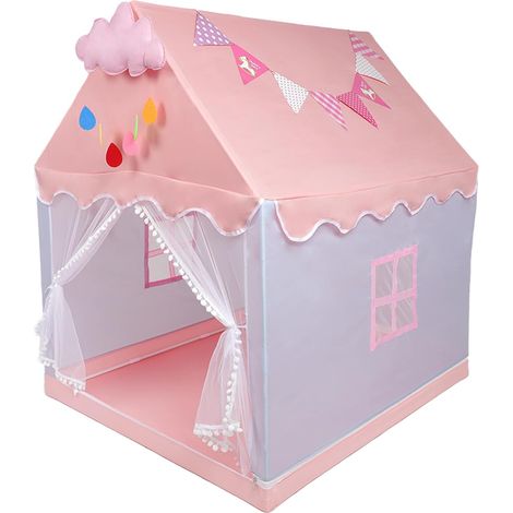 Tente de Jeu Enfants, Grande Château de Princesse Tente Rose pour Filles avec Fenêtres Nuages et Drapeaux, Cabane Enfant Princesse Intérieur et Extérieur, Cadeau d'anniversaire pour Filles