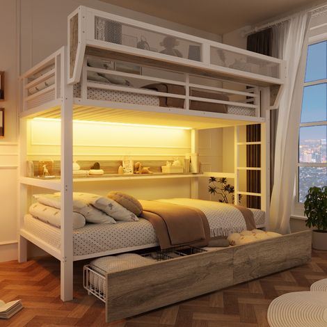 REDOM - Lit superposé 90x200 cm avec étagère, panier de rangement, 2 tiroirs en métal, MDF et métal blanc (Sans matelas) (1/5)