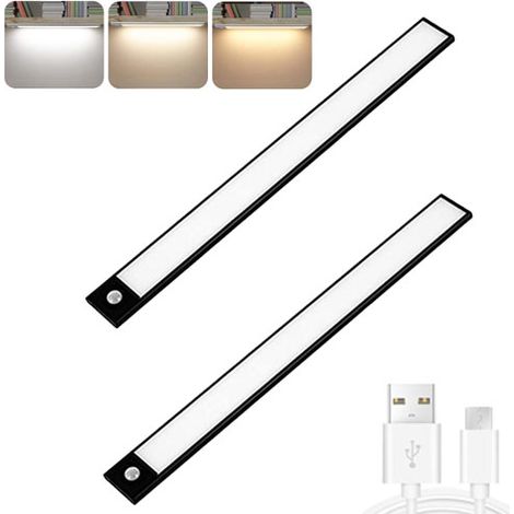 Lot de 2 Lampe à détecteur de mouvement, 3 températures de couleur, intensité réglable, rechargeable par USB, lampe de chevet magnétique, 30 cm- noir