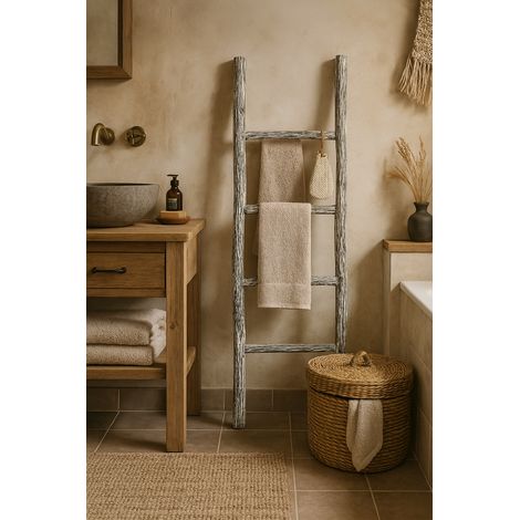 Toallero de escalera de madera moderno para baño suelo, de pie, escalera decorativa a pared, escalera, colgador de toallas (1/5)