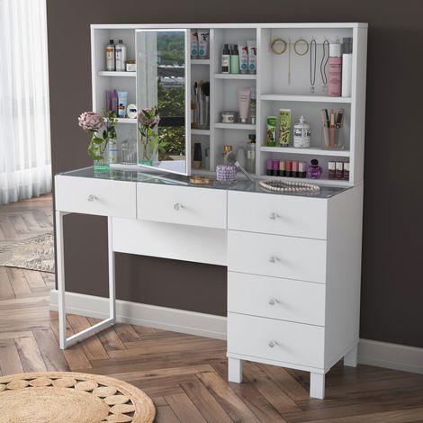 Coiffeuse 6 tiroirs avec miroir et plateau transparent 120 cm blanc (1/5)