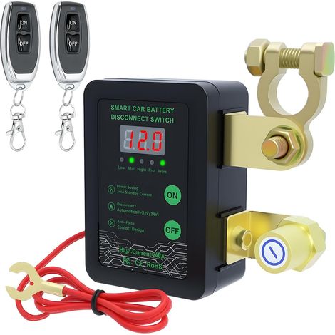 Disjoncteur de Batterie Sans Fil avec LED Affichage, Coupe Circuit Batterie 12V 24V Télécommande, Interrupteur D'arrêt Automatique pour Voiture RV ATV Camion Bateau Protection (Noir) (1/5)
