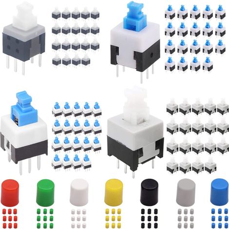 80pcs Mini bouton autobloquant DPDT Kit de commutateur de bouton (8.5x8.5mm 8X8mm 7X7mm 5.8X5.8mm) Micro bouton poussoir d'alimentation autobloquant, avec capuchon de commutateur (1/5)