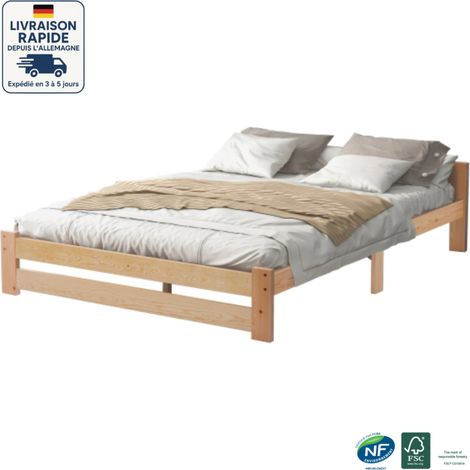 Cama para adulto, Cama doble - Futón de madera con cabecero y somier - Madera natural, color natural - 200x140 cm (1/5)