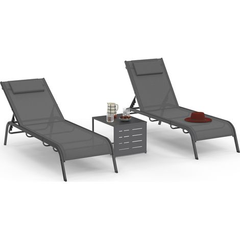 Set di 2 lettini da giardino reclinabili BORA con tavolino regolabile in acciaio grigio antracite e tessuto grigio