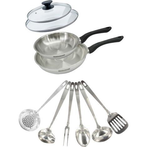 Set 2 poêles 20 et 24 cm en inox, couvercle verre et 6 ustensiles inox Fackelmann Geneva