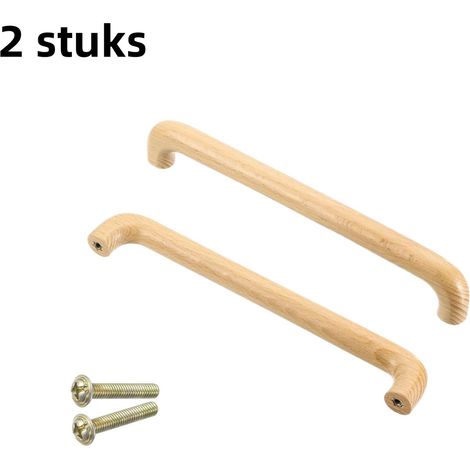 2 pièces poignées en bois massif conception simple adapté pour portes d'armoires et placards de cuisine écart entre trous 192 mm pont rond en hêtre avec vis couleur bois naturelle (1/5)
