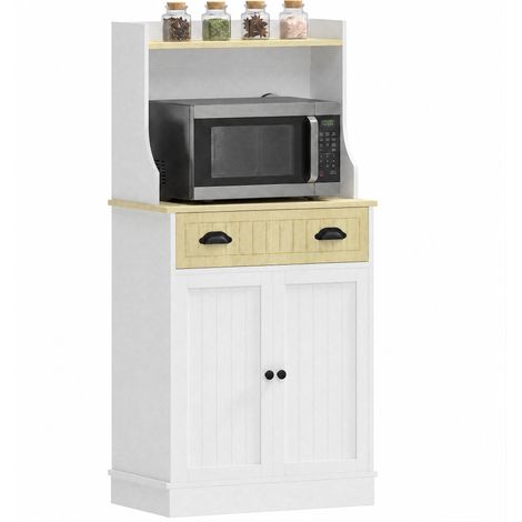 Armoire micro-ondes cuisine chêne avec tiroir, placard 2 portes et espace ouvert 61x35x125,4 cm (1/5)
