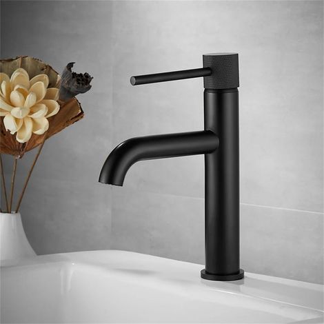 Robinet De Lavabo Mitigeur D'évier De Salle De Bains, Brosse Chaude Et Froide, Robinet Doré En Laiton Noir Mat, Robinet D'eau À Levier Unique (1/5)