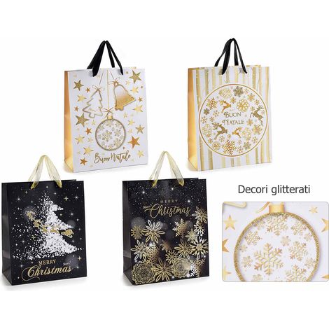 Sacchetti / buste di Natale medi in carta rigida con dettagli glitterati e motivi festivi dorati, set da 24 pezzi, cm 23 x 10 x 24,5 H