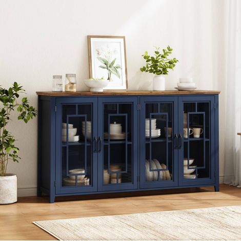 MEUBLIV Buffet 160 cm bleu – portes vitrées, grand rangement, sécurité anti-basculement (1/5)