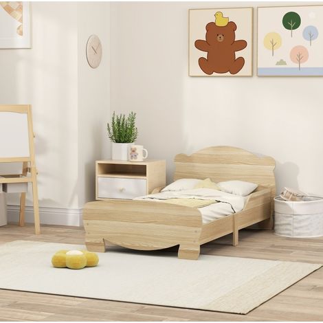 Kinderbett Hausbett aus Holz Natur 140x70 cm mit Rausfallschutz und Bären-Design an Kopf- und Fußteil (1/5)