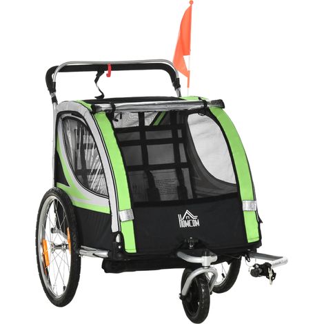 Rimorchio Bici pour Bambini e Passeggino 2 en 1 avec Cintura, Sac et Bandierina, Vert (1/5)