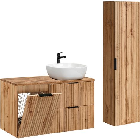 Conjunto mueble lavabo individual 100cm cesto de ropa y columna Adriel Madera