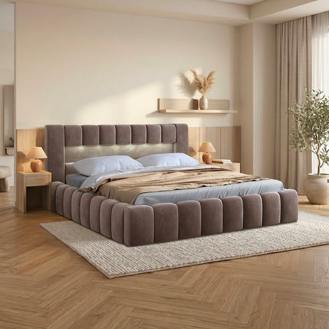Cama canapé 160x200 con somier Auria Terciopelo Marrón (1/4)