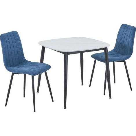 Aspen Gloss White Sintered Stone Square Table & 2 Blue Cord Fabric Chair Set - Metal - L54 x W44 x H88 cm